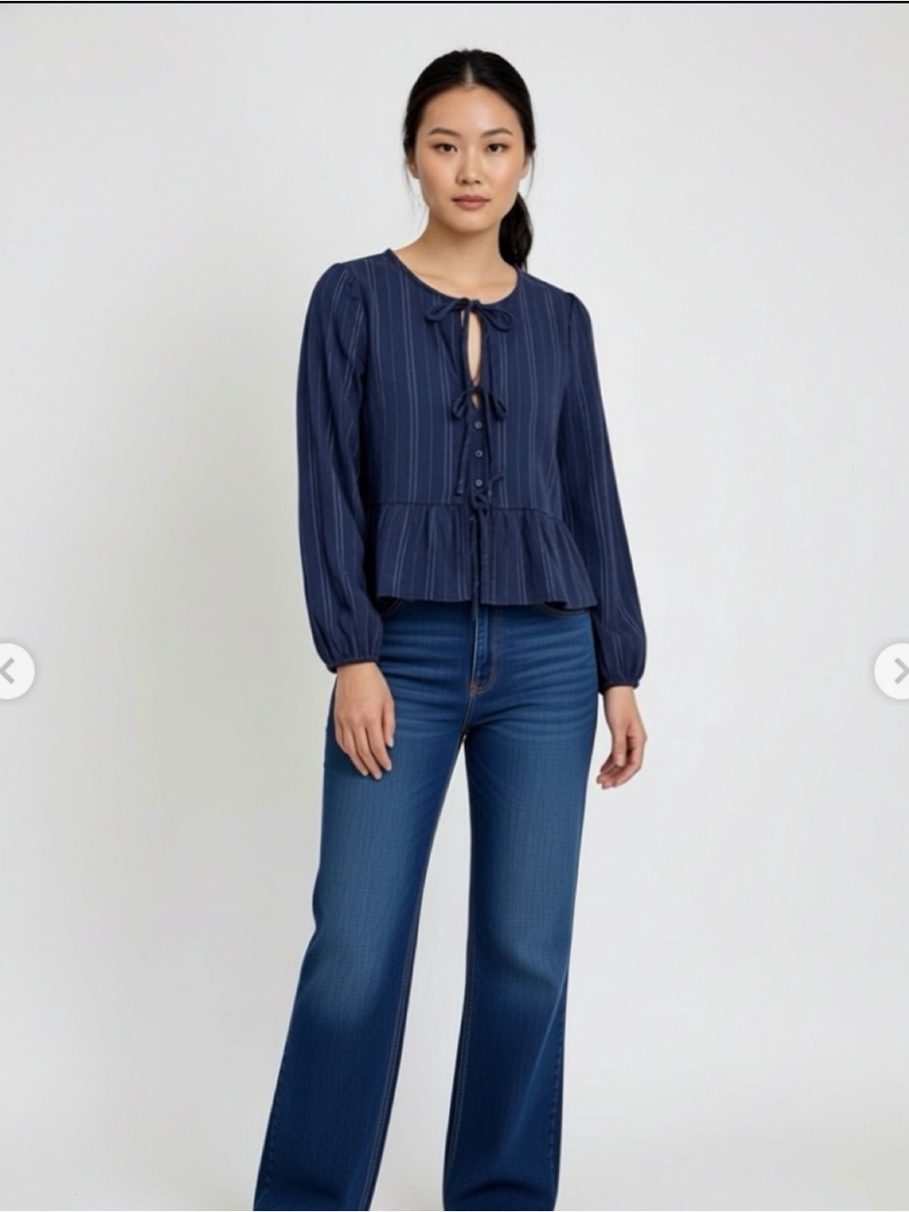 Navy Stripe Tie-Front Peplum Blouse - Women